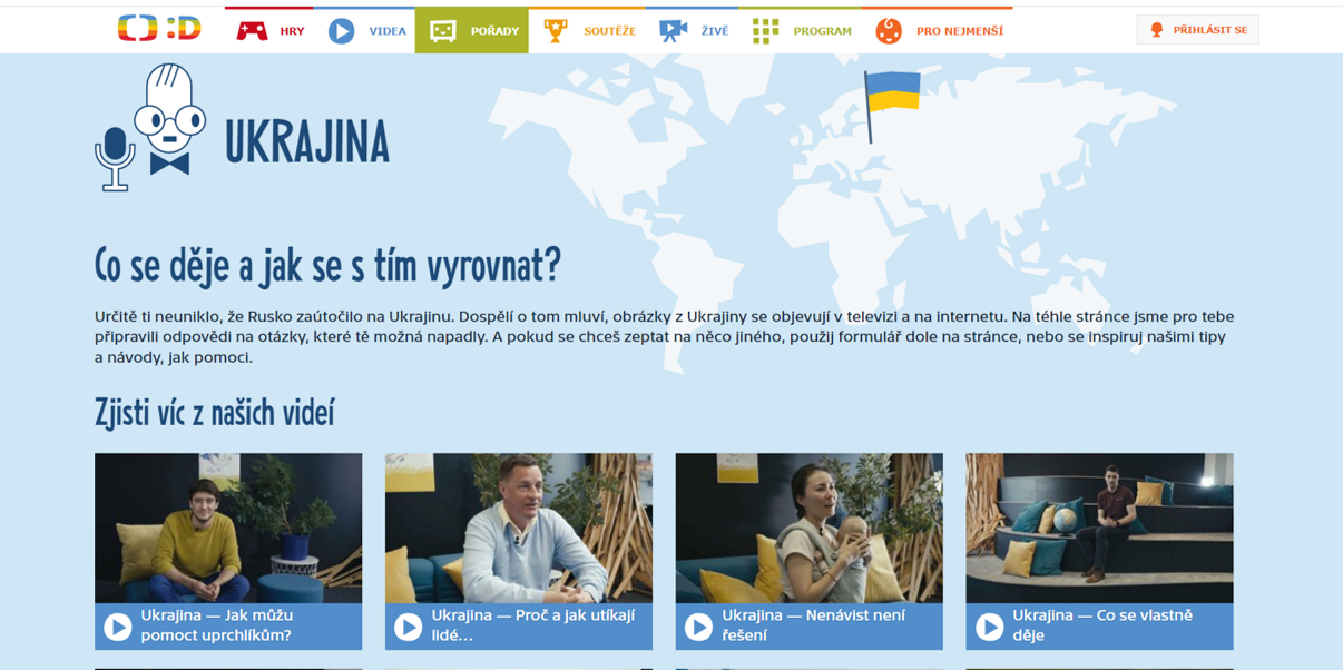 Screenshot of Czech TV's new website dedicated for children about the about the Russia-Ukraine war