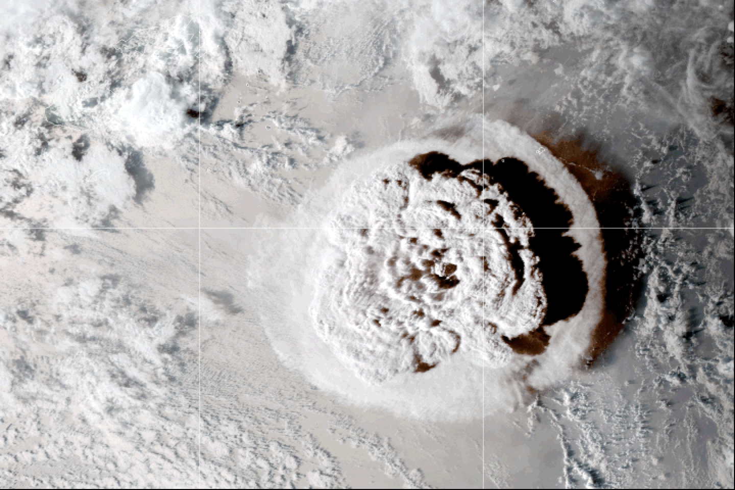 A satellite image of the Hunga Tonga-Hunga Ha'apai eruption.