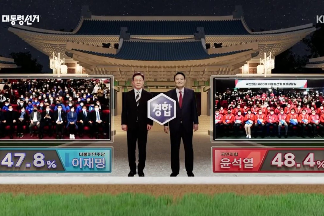 KBS election coverage includes presenting a data show with the Blue House in Seoul as the background using XR. Credit: Korean Broadcasting System