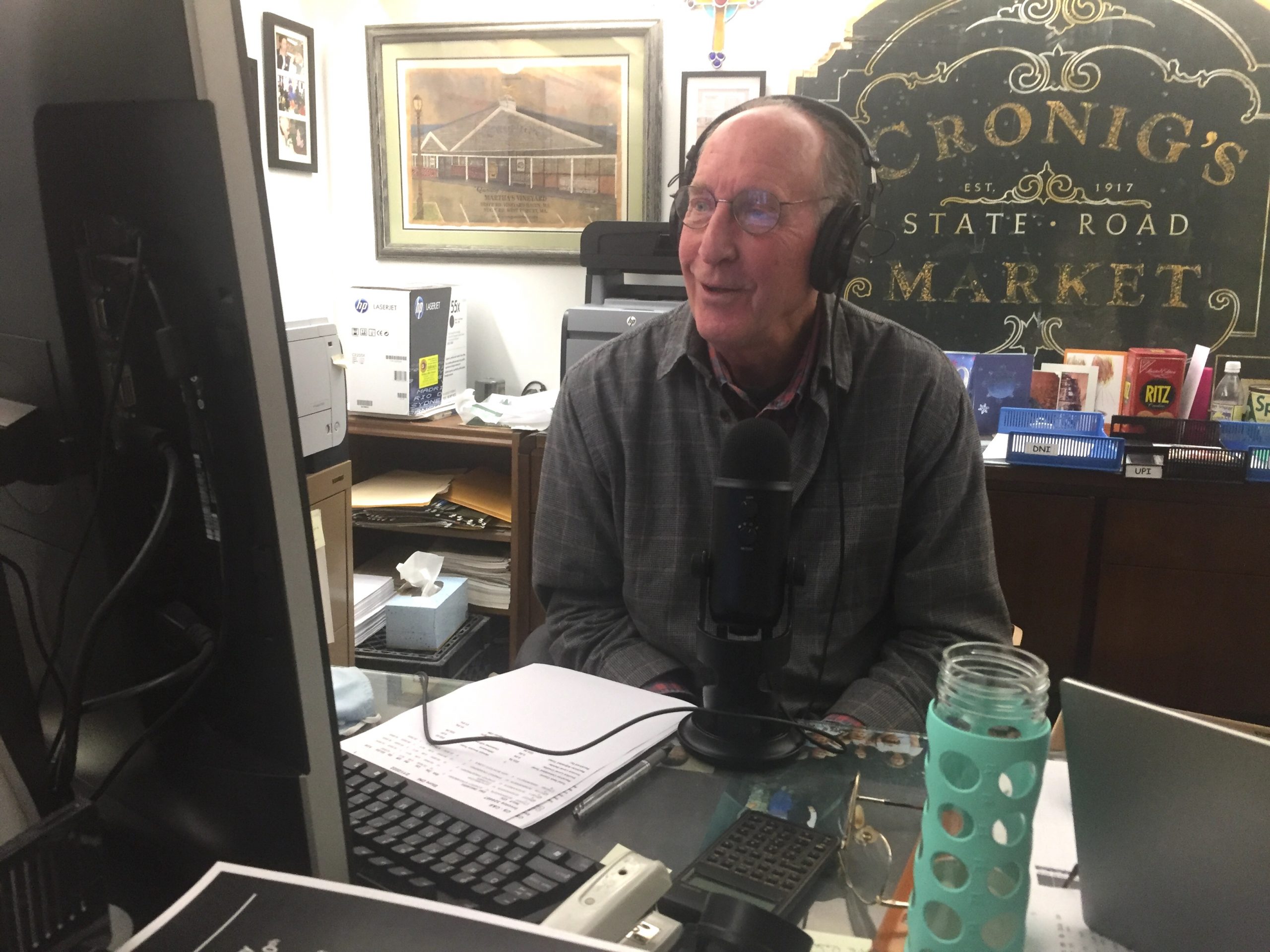 Steve Bernier, owner of Cronig’s Market on Martha’s Vineyard, USA, speaks in his office to Chris Henderson of Mylor Stores, in Falmouth, UK, about managing their community grocery stores through the early days of the pandemic.