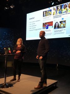 Linn Hellstrand (Digital Strategist) and Ola Bränholm (Producer) lecturing about our work with a gender equal sports coverage. Credit: SVT Sport