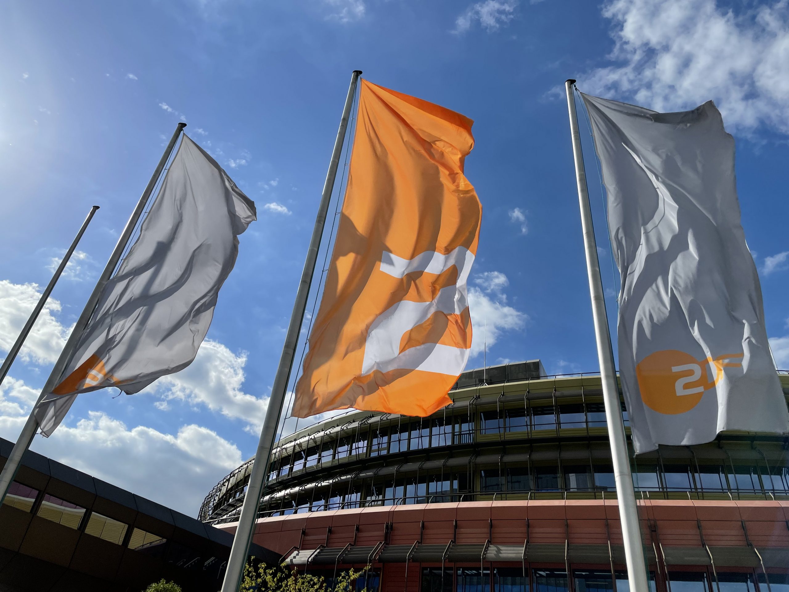 ZDF building with banners.
