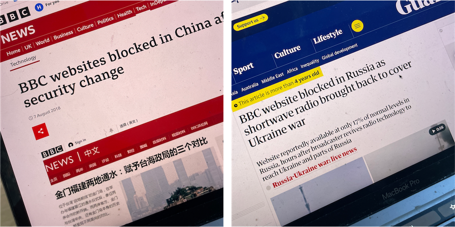 Two images side by side. In each image, a laptop screen shows a news report, from the BBC on the left and The Guardian on the right, about the BBC being blocked by Chinese and Russian officials