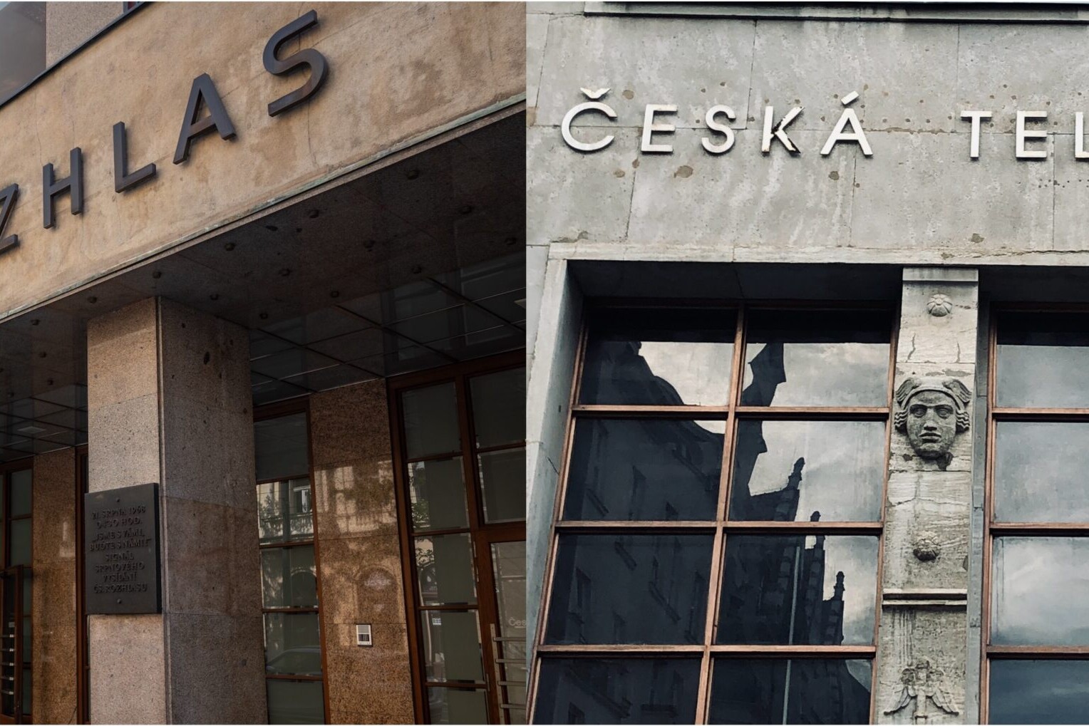 Two images side by side, both showing the facades of Czech Radio and Czech TV