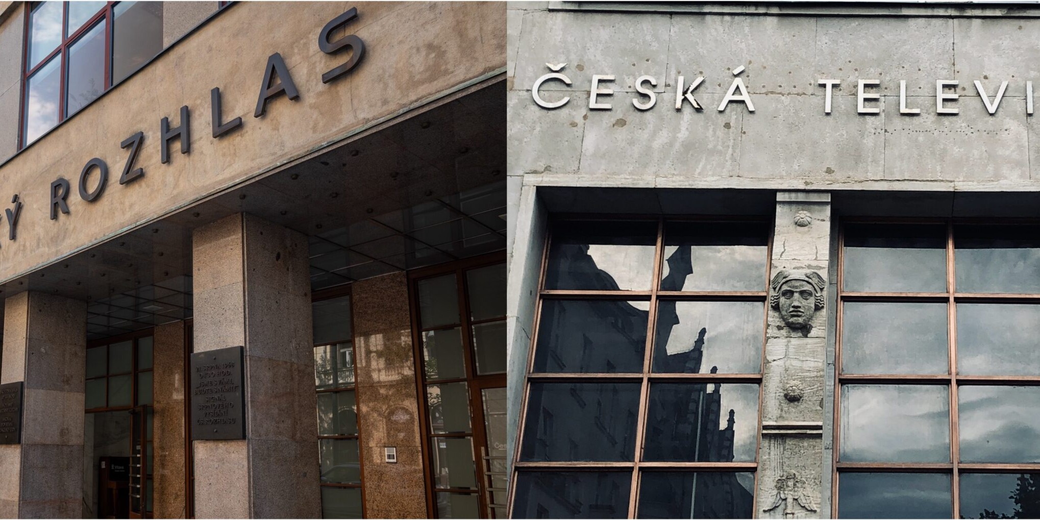 Two images side by side, both showing the facades of Czech Radio and Czech TV