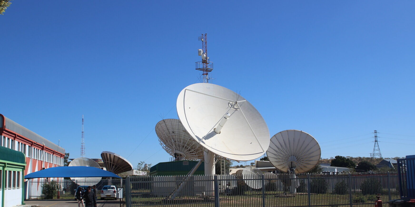 Against a bright blue sky, lots of satellite dishes point upwards.