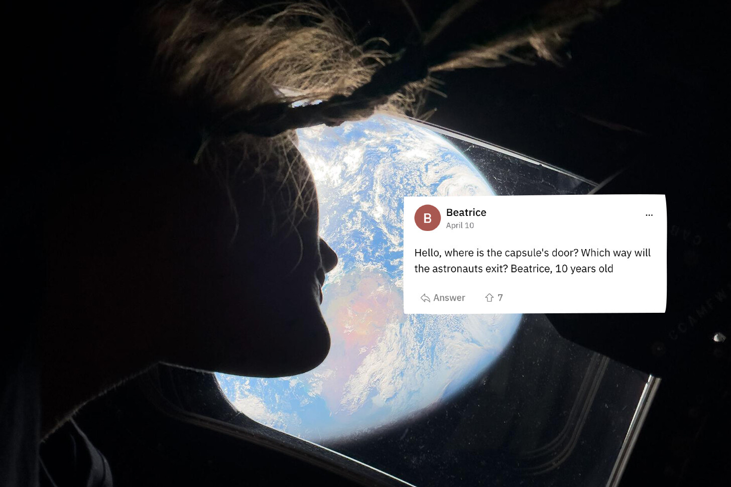 A silhouetted figure looks out a spacecraft window at Earth from orbit, the planet's blue and white surface filling the circular window. Overlaid in the lower right is a screenshot of a comment from user